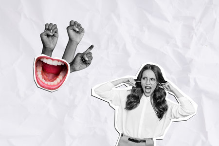 Creative collage young businesswoman employee secretary ignore avoid sound loud scream mouth caricature strike protest rebellionの写真素材
