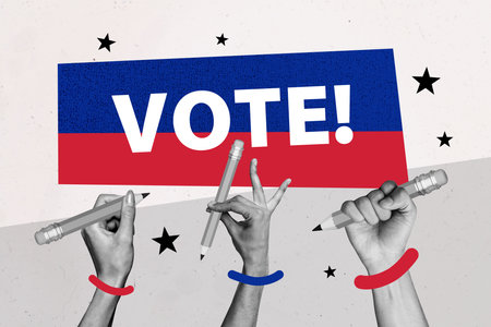 Composite photo collage of people hands hold pencil flag america election procedure vote agitation isolated on painted backgroundの写真素材