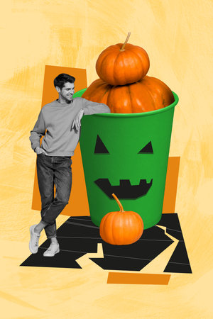 Composite trend artwork collage of halloween autumn season spooky creepy day young guy stand huge cup drink beverage togo face pumpkinの写真素材