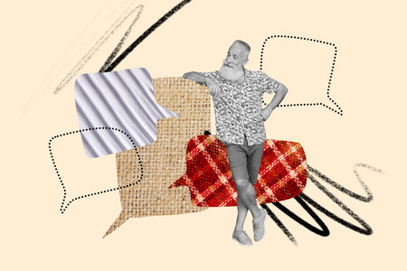 Composite trend artwork sketch image photo collage of speech cloud message social media chat silhouette aged man beard stand textboxの写真素材