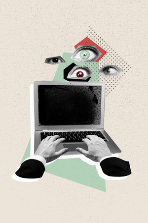 Composite trend artwork image photo collage of silhouette man hand type laptop security data hacking software eyes watch spy scrutinyの写真素材