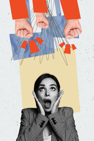 Composite trend artwork sketch image collage of young lady gesture hand staring up omg face stand crowd protest strike picket rebell riotの写真素材