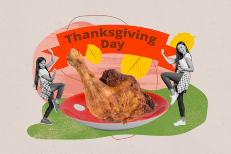 Composite photo collage of two happy girls mother daughter roasted turkey leg dish autumn holiday culinary isolated on painted backgroundの写真素材