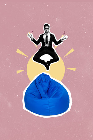 Vertical poster collage young businessman levitate omm meditation self control calmness peace management drawing backgroundの写真素材