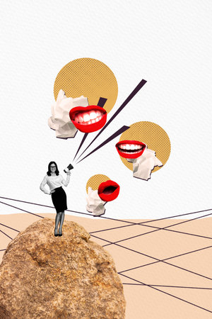 Composite trend artwork 3D sketch image photo collage of young woman stand hold megaphone leader proclaim lips mouth talk paper trash ballの写真素材