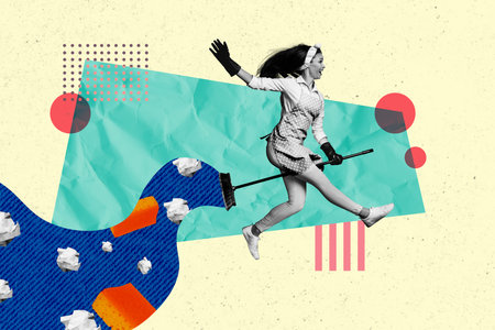 Composite collage artwork image picture of girl maid fly broom isolated on creative backgroundの写真素材