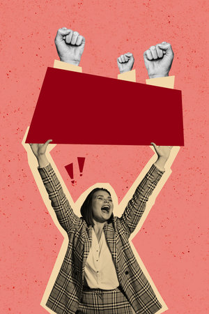 Vertical composite artwork collage image picture of girl hold poster people fists isolated on creative backgroundの写真素材