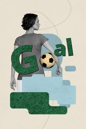 Vertical poster collage sportswoman football professional player goal soccer score match league...