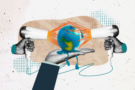 Composite artwork collage image picture of arms hold hairdryer fan mini world globe isolated on creative backgroundの写真素材