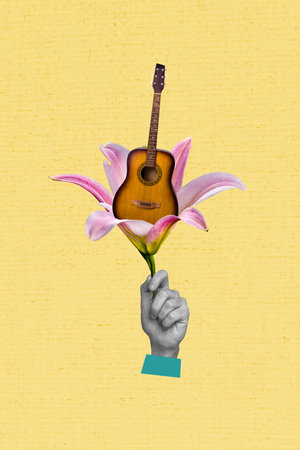 Vertical photo collage of hand hold lily flower bloom guitar instrument spring holiday performance event isolated on painted backgroundの写真素材
