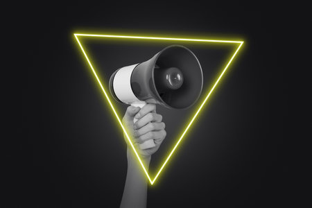 Trend artwork sketch image collage of dark background neon light lamp tube triangle shape hand hold loudspeaker leader proclaim propagandaの写真素材