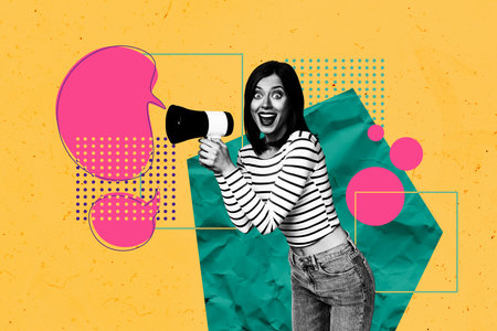 Composite trend artwork sketch collage of copyspace monochrome young lady stand hand hold megaphone proclaim speech cloud loud voiceの写真素材