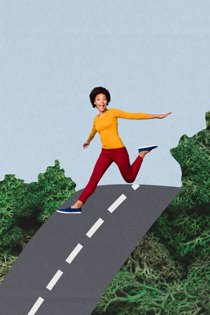 Composite trend artwork sketch image collage of copyspace young woman happy smile run moving road way direction summer nature outdoorsの写真素材