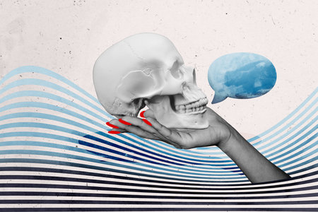 Composite trend artwork 3D sketch image photo collage of hand hold nails manicure speech bubble message chatting human skull boneの写真素材