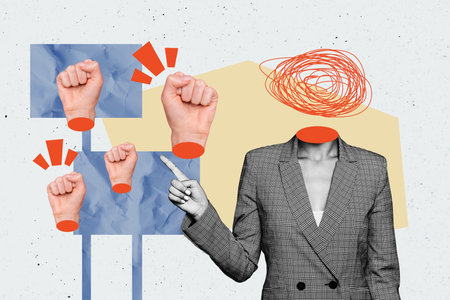 Composite trend artwork sketch image photo collage of incognito headless young lady finger point show fist up crowd protest demonstrationの写真素材