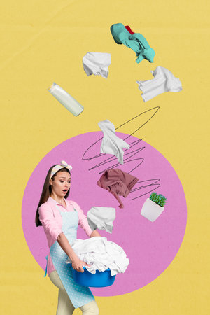 Vertical photo collage of dissatisfied shocked housemaid carry heavy basin clothes laundry day detergent isolated on painted backgroundの写真素材