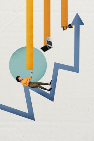 Composite trend artwork sketch image 3D photo collage of trader business arrow way success work job young lady stand laptop distance clockの写真素材