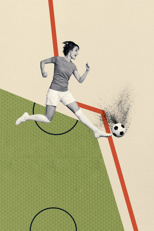 Composite collage image of funny young female kick ball play foorball fantasy billboard comics zineの写真素材