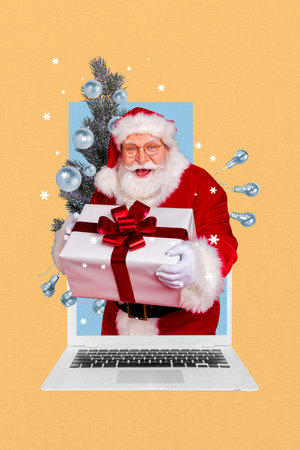 Vertical poster collage elder man carry present gift winter holiday laptop internet web delivery order drawing backgroundの写真素材