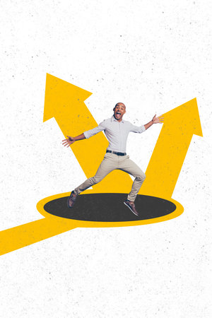 Vertical photo collage of excited american man arrow pointer career promotion growth success aim...