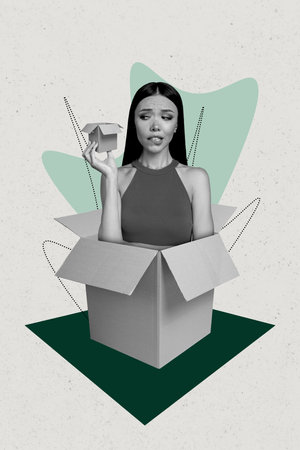 3D photo collage composite artwork sketch image of young lady portrait appear huge carton box...