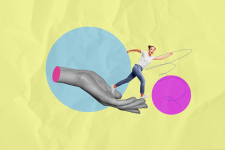 Composite photo collage of happy girl run human palm hand promotion motivated concept aim progress career isolated on painted backgroundの写真素材