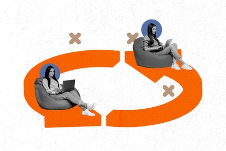 Composite photo collage of two happy girls business freelance partners sit beanbag type laptop arrow cycle isolated on painted backgroundの写真素材