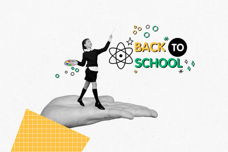 Trend artwork sketch image photo collage of teen school age young girl painter master draw color stand huge hand knowledge back to schoolの写真素材