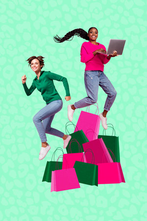 Trend artwork sketch image photo collage of black friday discount offer sale low price two young lady stand pile purchase bags work laptopの写真素材