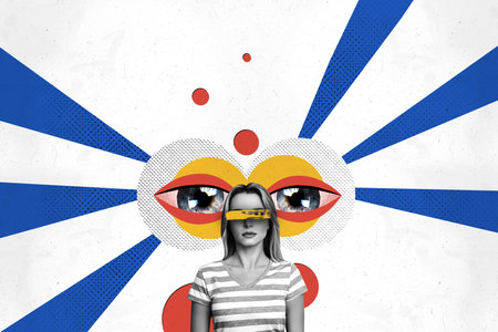 Composite photo collage of young girl taped eyes tiredness workaholic exhausted eyeball business control isolated on painted backgroundの写真素材