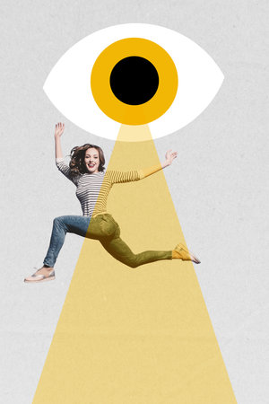 Vertical poster collage young happy carefree pretty girl jump run vision eyesight superintendence espionage drawing backgroundの写真素材