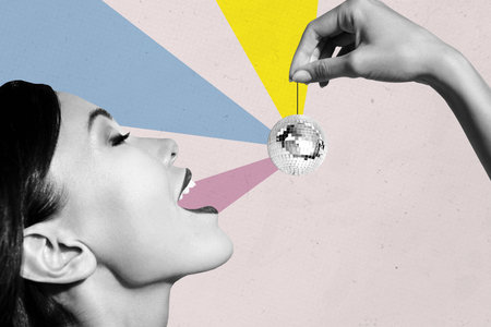 Composite photo collage of pretty girl closed eyes hold disco ball cherry imitation shiny event occasion isolated on painted backgroundの写真素材