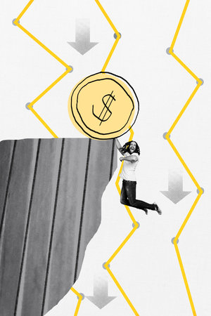 Composite trend artwork 3D photo collage of trader business crisis decrease inflation loss money dollar usd young man fall down edge cliffの写真素材