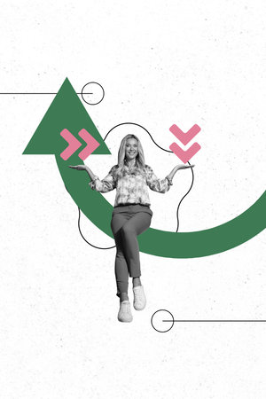 Composite trend artwork sketch photo collage of attractive young lady sit hand show choice arrow different direction up success grow jobの写真素材