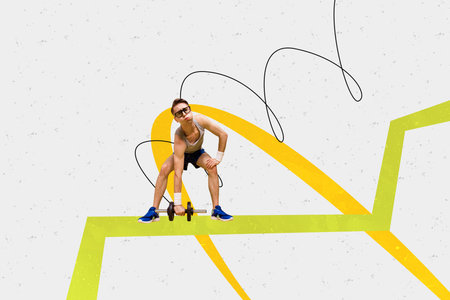 Creative collage young man athlete lift dumbbell sportsman activity healthcare bodybuilding muscles biceps effort intense practicingの写真素材