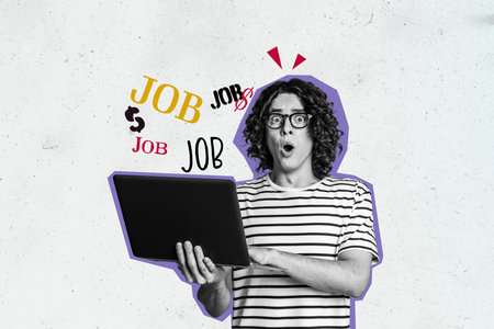 Creative photo collage picture young man laptop browsing job vacancy employment work search shocked reaction drawing backgroundの写真素材