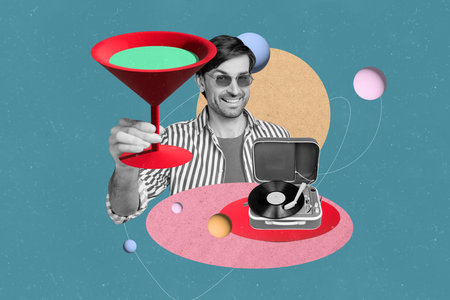 Creative collage picture young man hold martini glass beverage drink gramophone party 3d spheres celebrate friday clubbingの写真素材