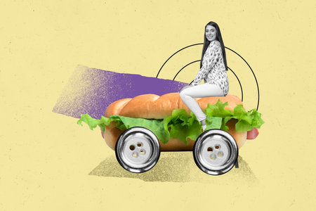 Composite trend artwork collage of yellow color backdrop sandwich burger button wheel shape machine car young lady ride under way roadの写真素材