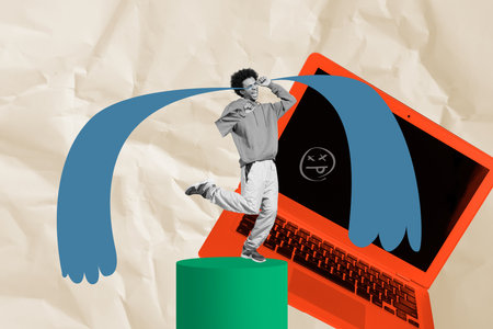 Trend artwork composite sketch image collage of paper backdrop young man stand platform cry sad bad mood laptop remote online emoji faceの写真素材