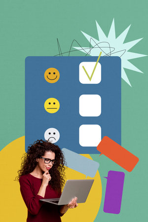 Vertical photo collage of minded client girl put mark evaluation smiley checkbox hold laptop text box sms isolated on painted backgroundの写真素材