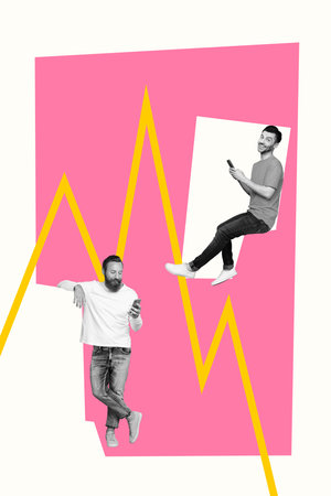 Vertical photo collage of two happy guys employee business freelance partners graph development...