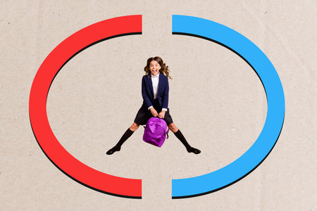 Composite photo collage of excited girl jump rucksack school preparation concept education study isolated on painted backgroundの写真素材