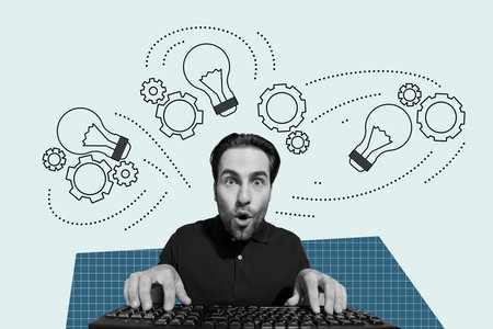 Photo collage young man workaholic browsing pc computer keyboard typing cogwheel process automation...