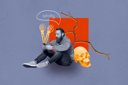 Composite trend collage of halloween autumn season spooky creepy midnight young man skull head sit...