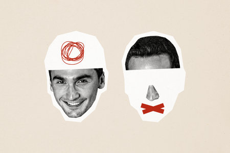 Composite trend artwork sketch photo collage of caricature split personality young guy half head...
