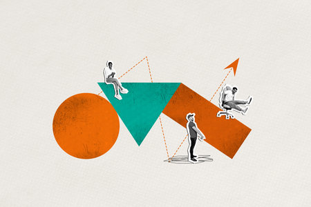 Sketch image composite artwork 3D collage of workspace geometry figure arrow grow teamwork young man...