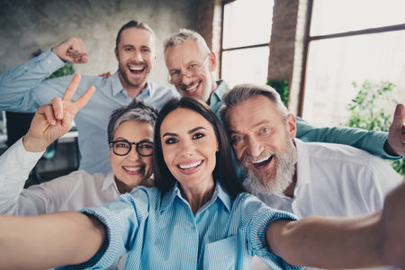 Photo of teamwork startup partners take selfie photo comfortable nice creative startup office loft...