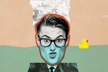 Composite trend artwork 3D image photo collage of young man student office manager half head dive sea water vacation relax summer swimの写真素材