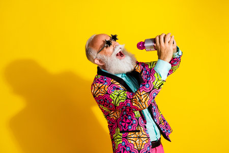 Photo portrait of nice senior male sing karaoke star sunglass wear trendy colorful pink fancy outfit...