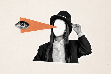 Composite trend artwork sketch image photo collage of copyspace surreal faceless monochrome lady hat eye vision watch scrutiny overseeの写真素材